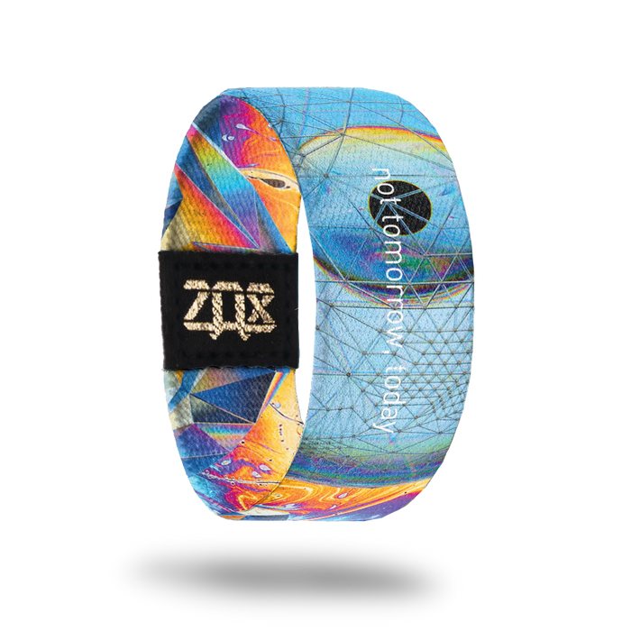 Inside product image of Not Tomorrow, Today. The name of the strap is showing while you see more of Beeples fantasy landscape artwork