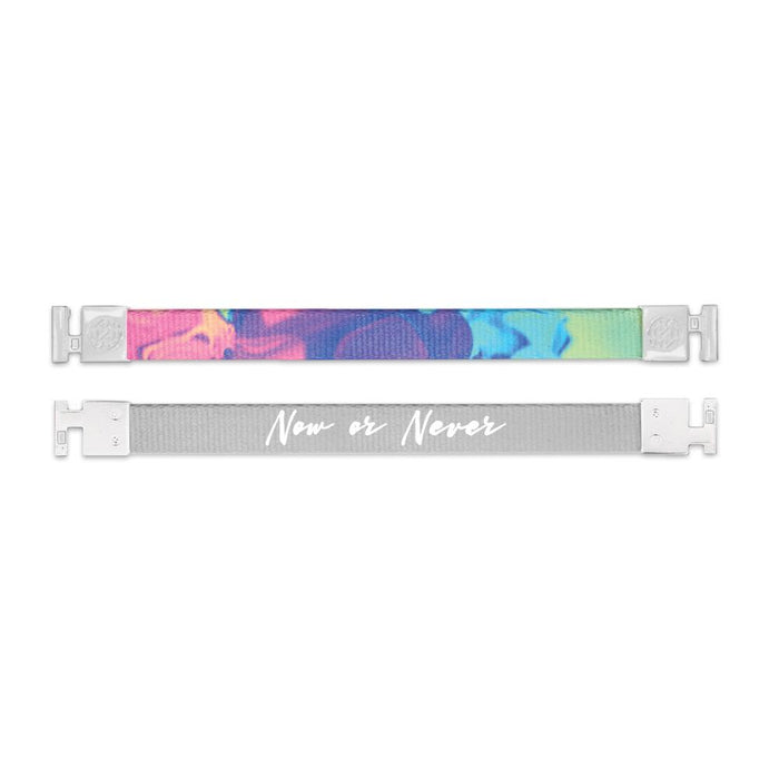 Shows outside and inside design for Now Or Never imperial with white aglet clasps. Top is the outside design, a blended background os pink, purple, light blue, and green. Bottom is the inside design with a grey background and Now Or Never centered in white text.