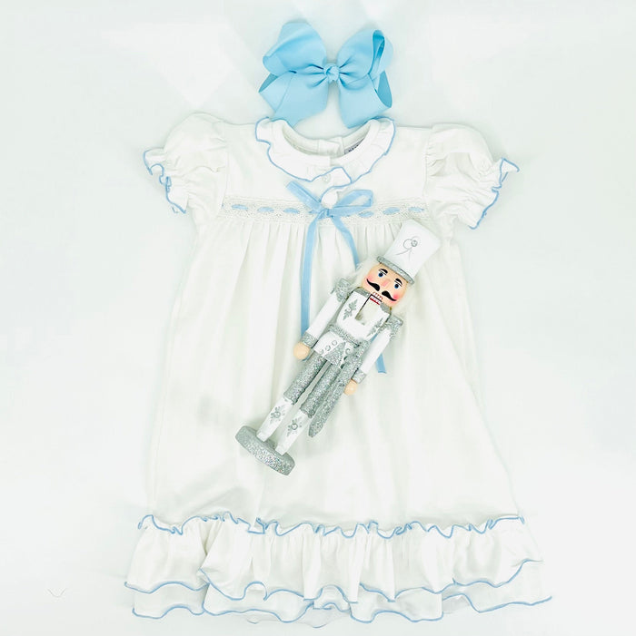Nutcracker Ballet Dress in Soft Knit Cotton with Blue Ribbon