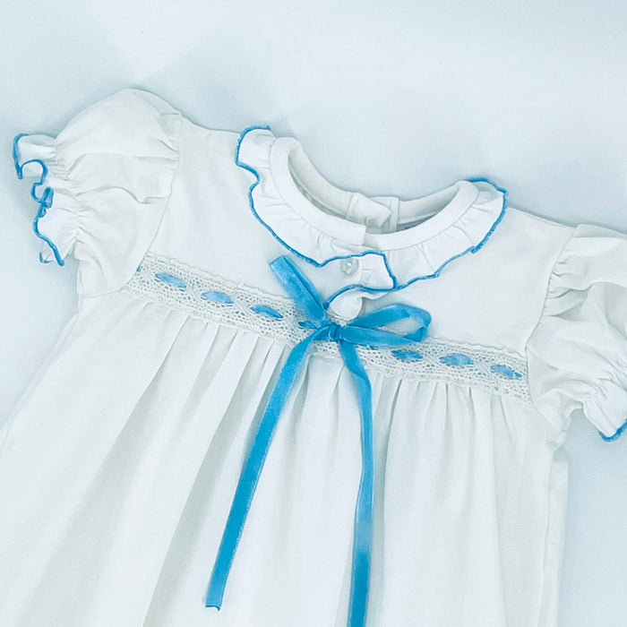 Nutcracker Ballet Dress in Soft Knit Cotton with Blue Ribbon