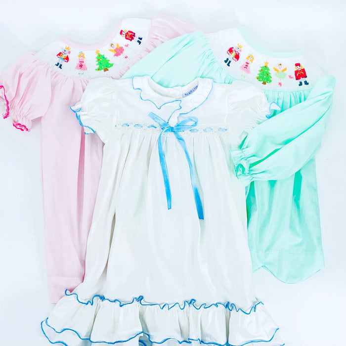 Nutcracker Ballet Dress in Soft Knit Cotton with Blue Ribbon