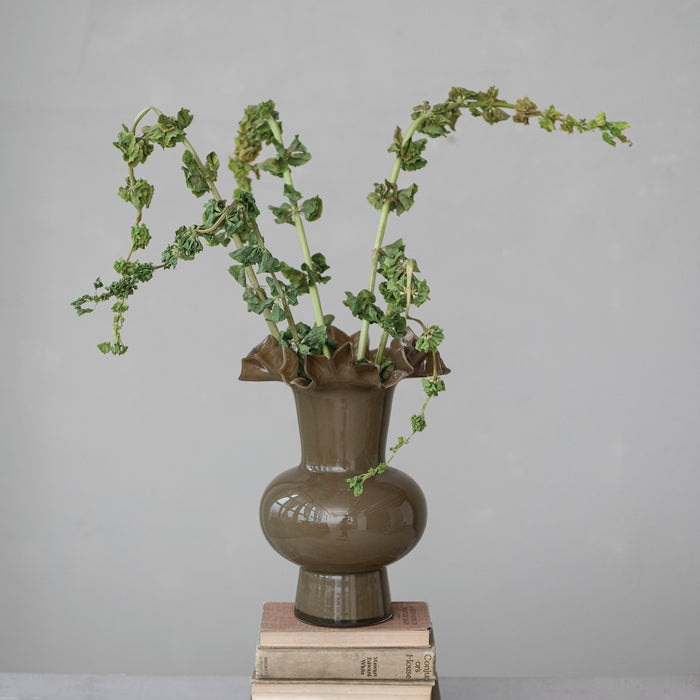 Olive Opaque Ruffled Vase