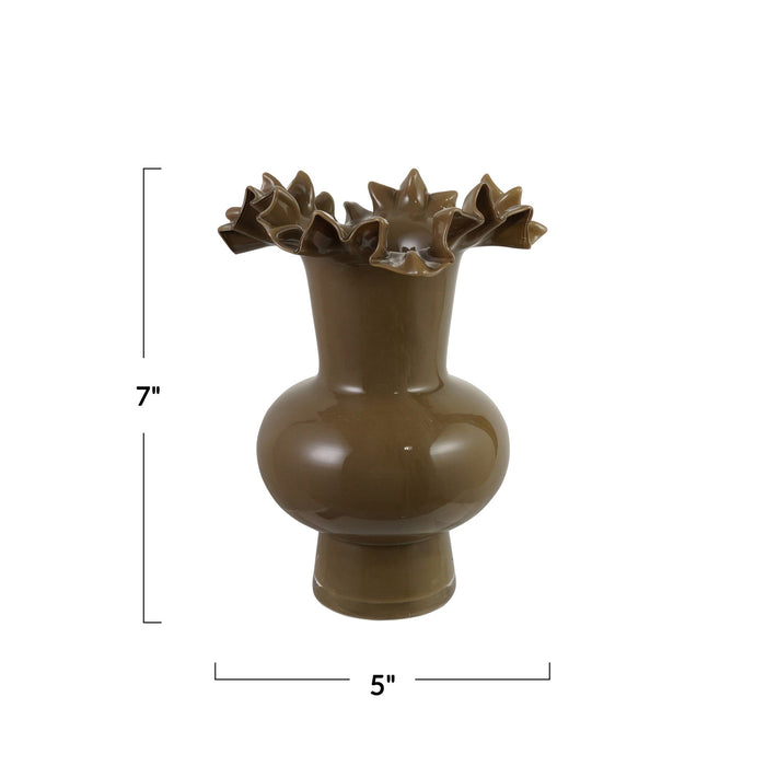 Olive Opaque Ruffled Vase