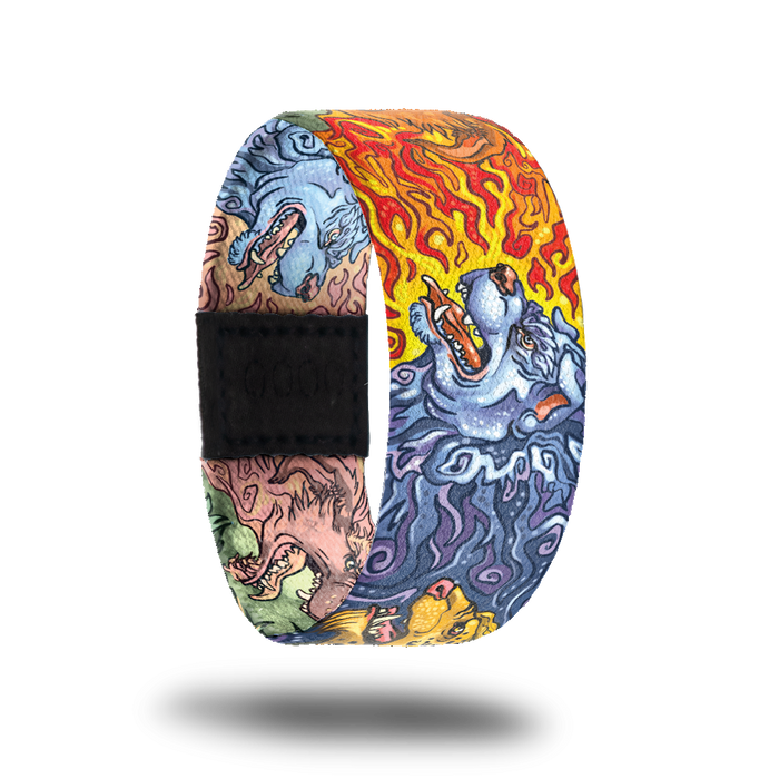 Outside design for On Guard. Three elemental guardian canine heads run along the design and positioning on each strap can vary. The three elements featured are a blue water canine, a red and yellow fire canine, and a green and yellow nature canine