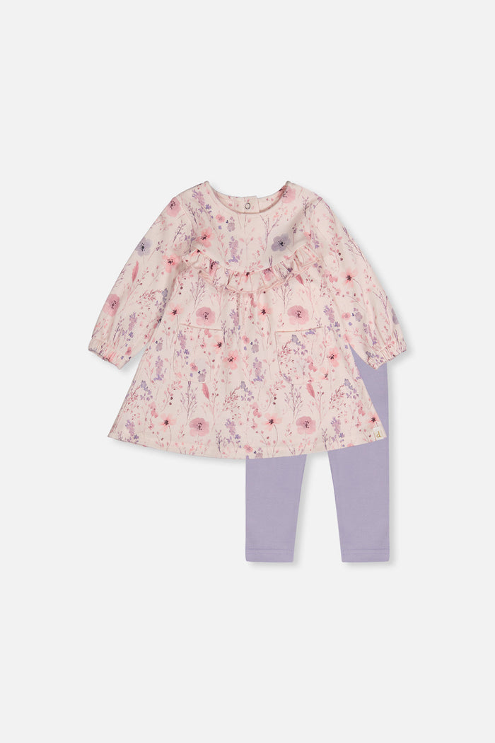 Deux par Deux baby girl pink floral dress and purple legging set, front view