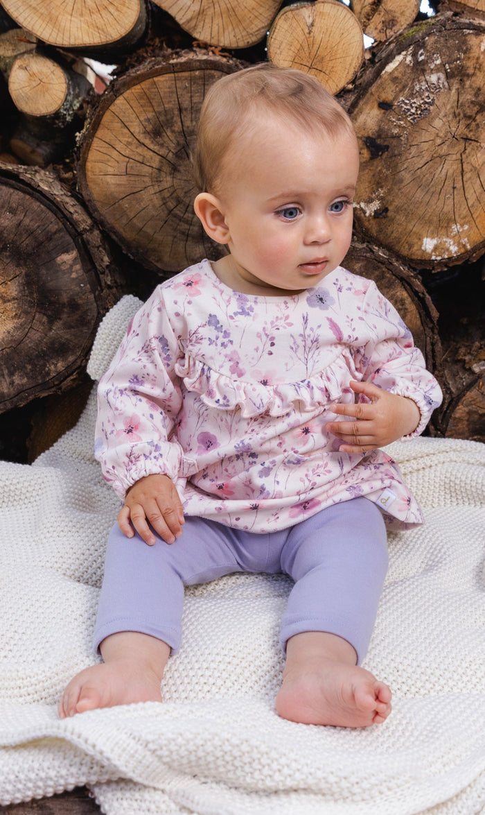 Deux par Deux baby girl pink floral dress and purple legging set, styled view 1