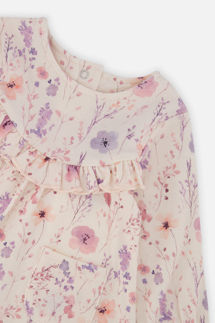 Deux par Deux baby girl pink floral dress and purple legging set, alternate view