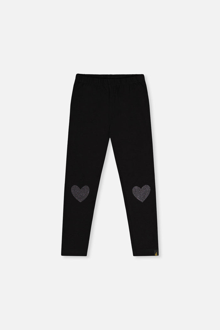 Deux par Deux girls black organic cotton leggings with heart knee patches, front view