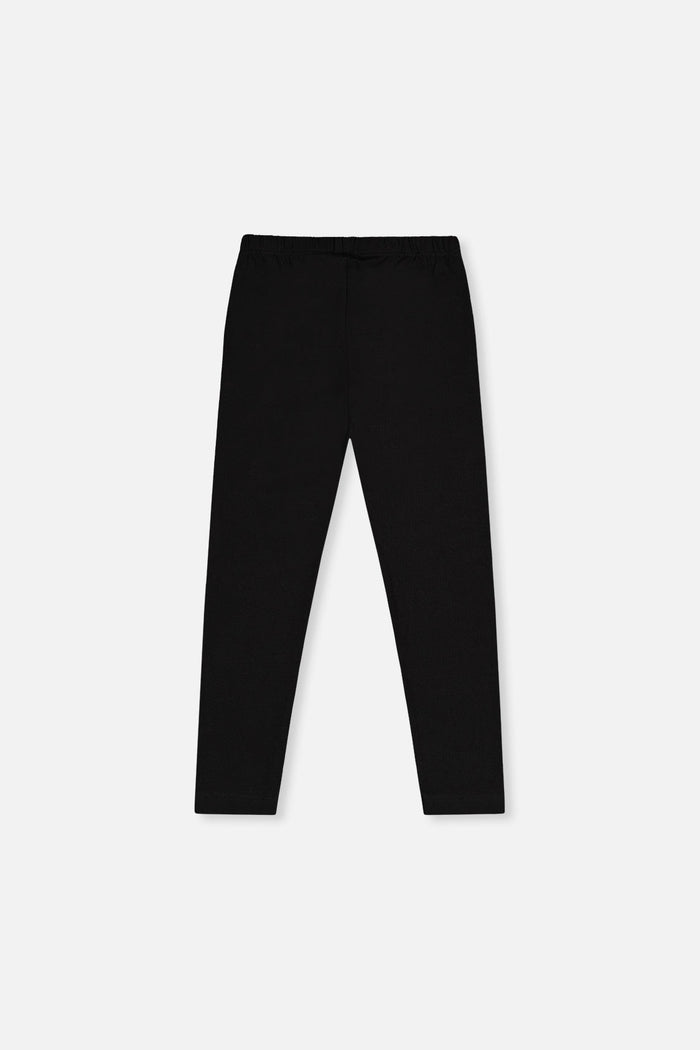 Deux par Deux girls black organic cotton leggings with heart knee patches, back view