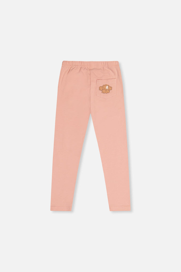 Deux par Deux girls' pink organic cotton leggings with poodle-face pocket, back view