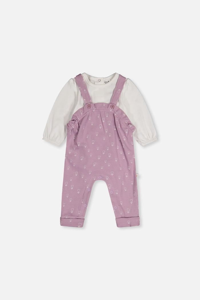 Deux par Deux baby girl organic cotton set with off-white onesie and purple floral overalls