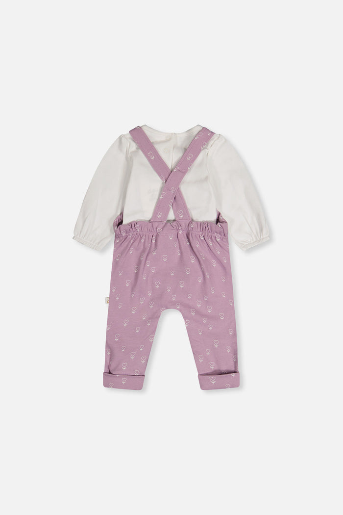 Deux par Deux baby girl organic cotton set with off-white onesie and purple floral overalls, view 3