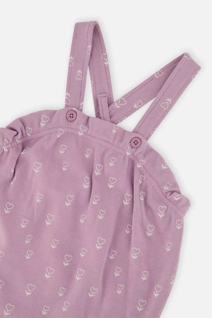 Deux par Deux baby girl organic cotton set with off-white onesie and purple floral overalls, view 5