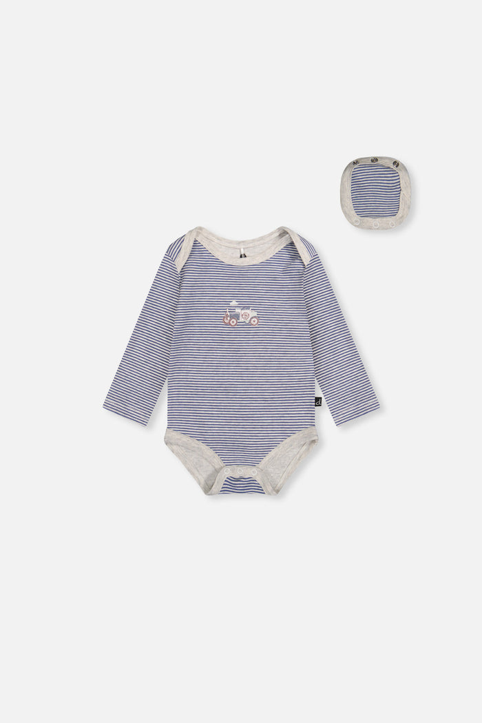 Deux par Deux baby boy organic cotton onesie in blue and white stripes, front view