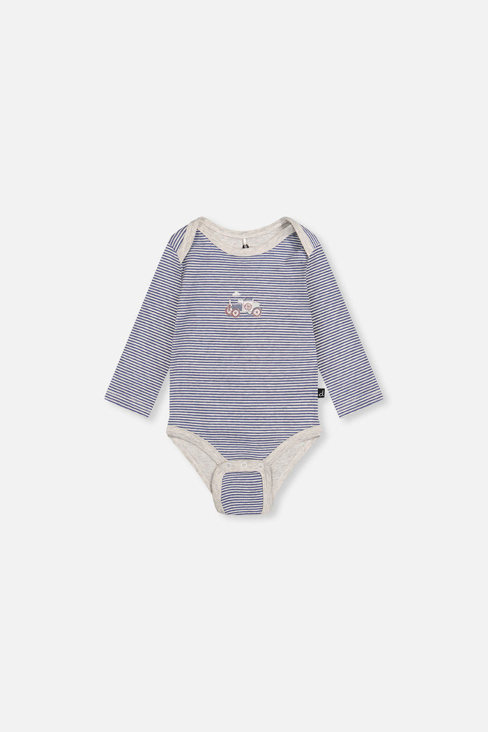 Deux par Deux baby boy organic cotton onesie in blue and white stripes, back view