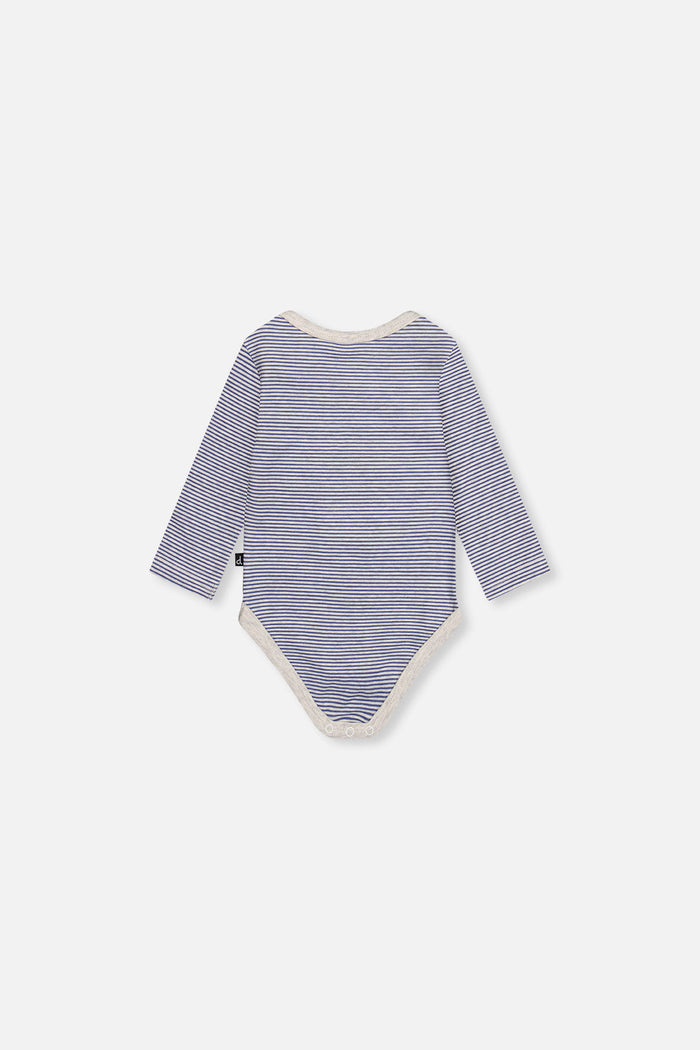 Close-up detail of the Deux par Deux organic cotton onesie in blue and white stripes, view 4