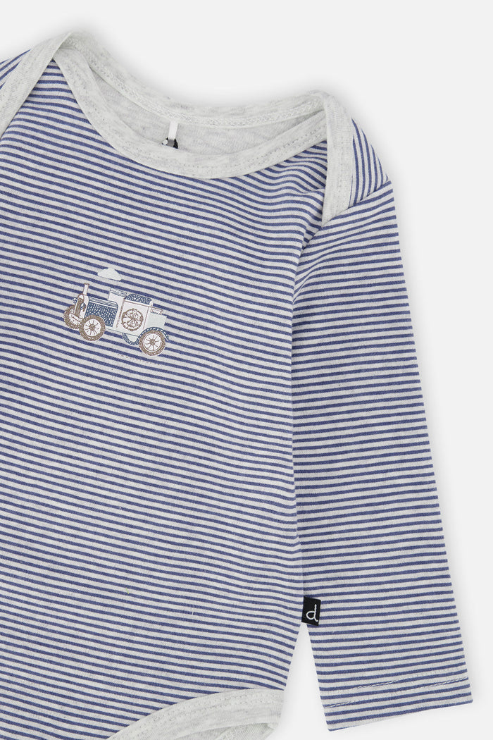 Close-up detail of the Deux par Deux organic cotton onesie in blue and white stripes, view 5