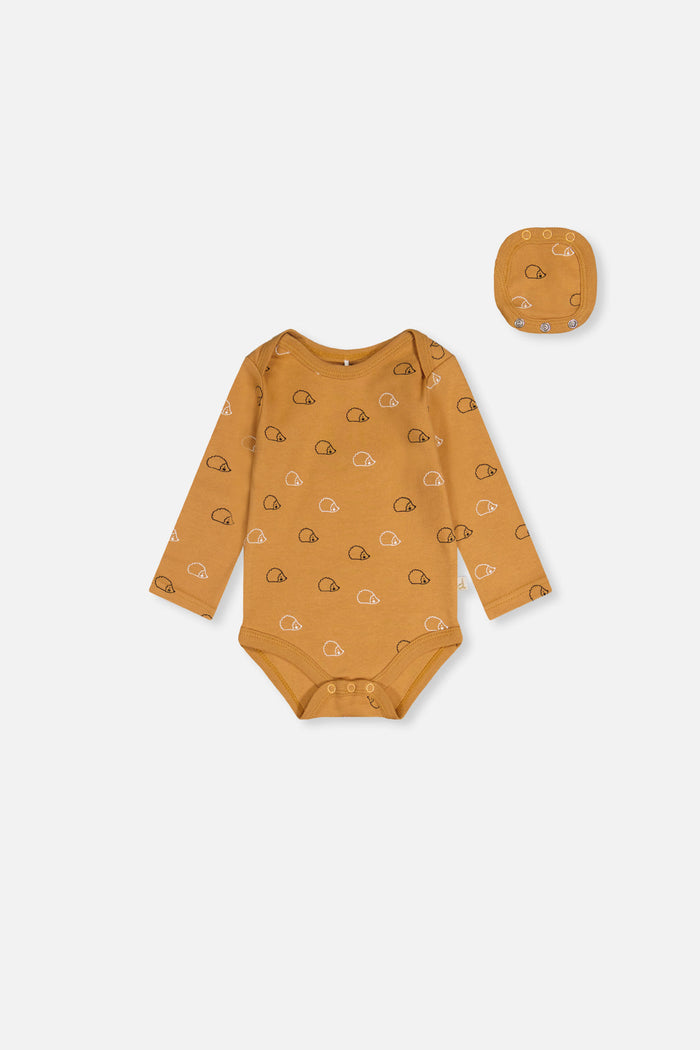 Deux par Deux baby boy organic cotton onesie with brown hedgehog print, front view