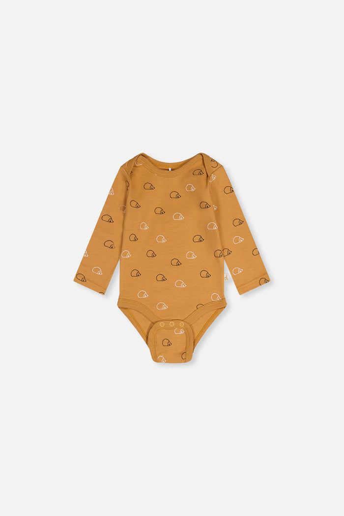 Deux par Deux baby boy organic cotton onesie with brown hedgehog print, back view