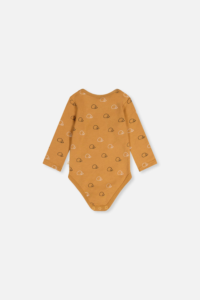Close-up detail of the Deux par Deux organic cotton onesie with brown hedgehog print, view 4
