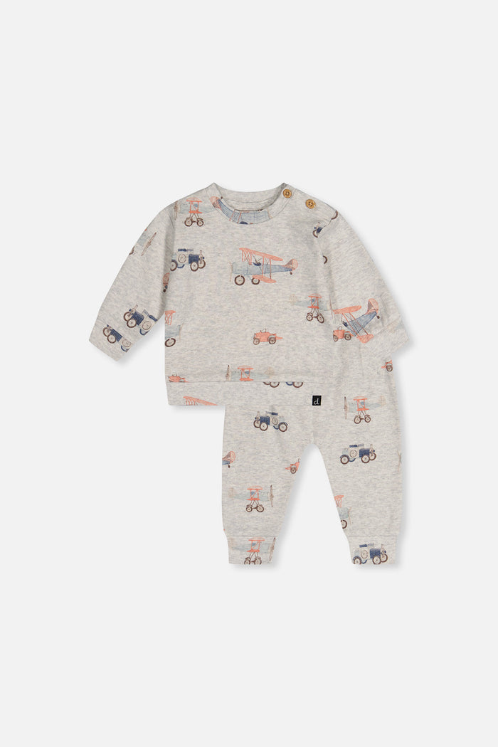Deux par Deux baby boys top and pants set in beige vintage airplane print, front view