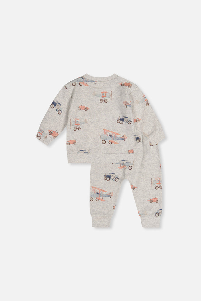 Deux par Deux baby boys top and pants set in beige vintage airplane print, back view