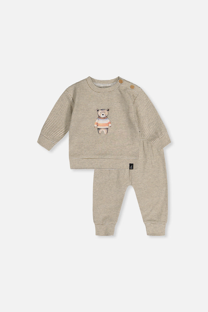 Deux par Deux baby boys top and pants set in brown and off-white stripes, front view