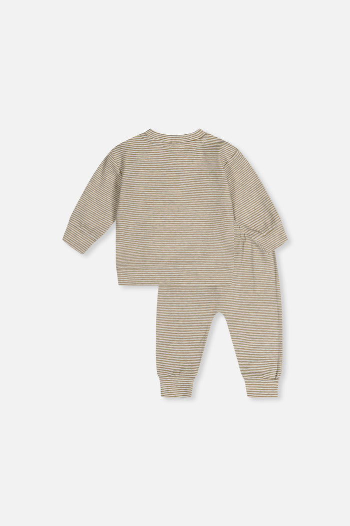 Deux par Deux baby boys top and pants set in brown and off-white stripes, back view
