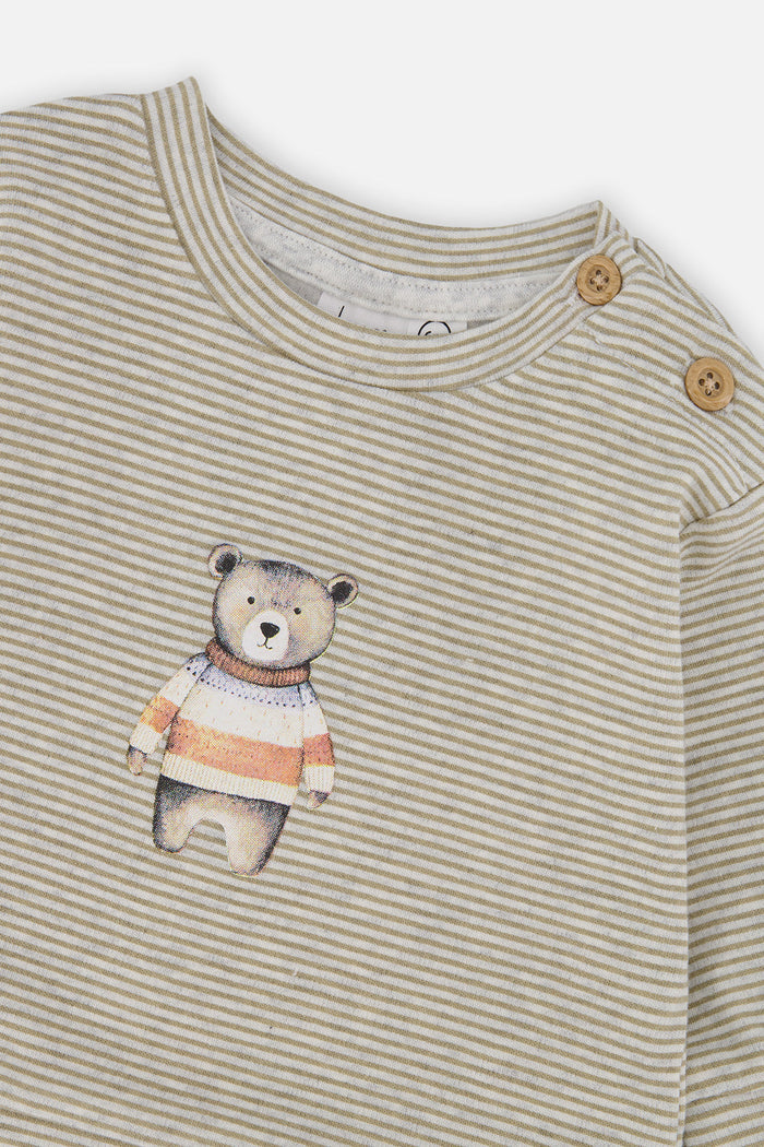 Close-up detail of the Deux par Deux top and pants set in brown and off-white stripes, view 4