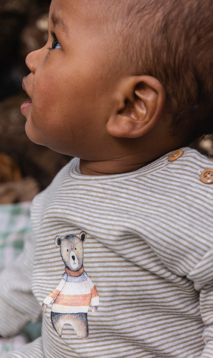 Baby wearing the Deux par Deux top and pants set in brown and off-white stripes, view 5