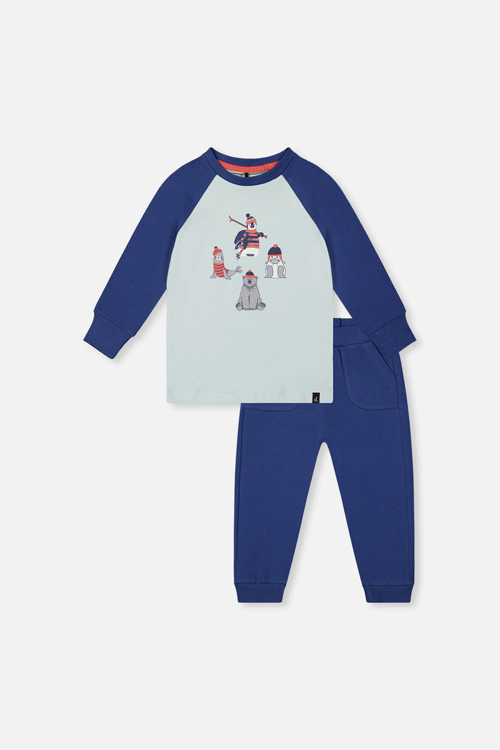 Deux par Deux boys Nordic Buddies tee and pant set, very pale turquoise, front view