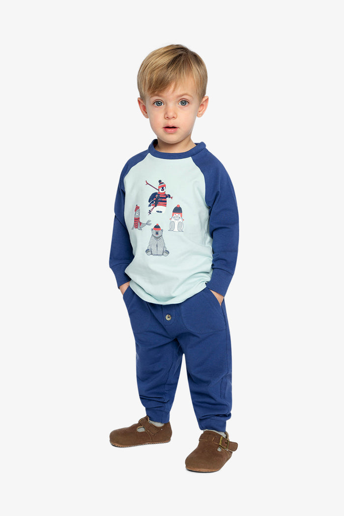 Deux par Deux boys Nordic Buddies tee and pant set, very pale turquoise, lookbook view