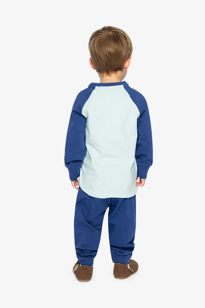 Deux par Deux boys Nordic Buddies tee and pant set, very pale turquoise, lookbook view 2