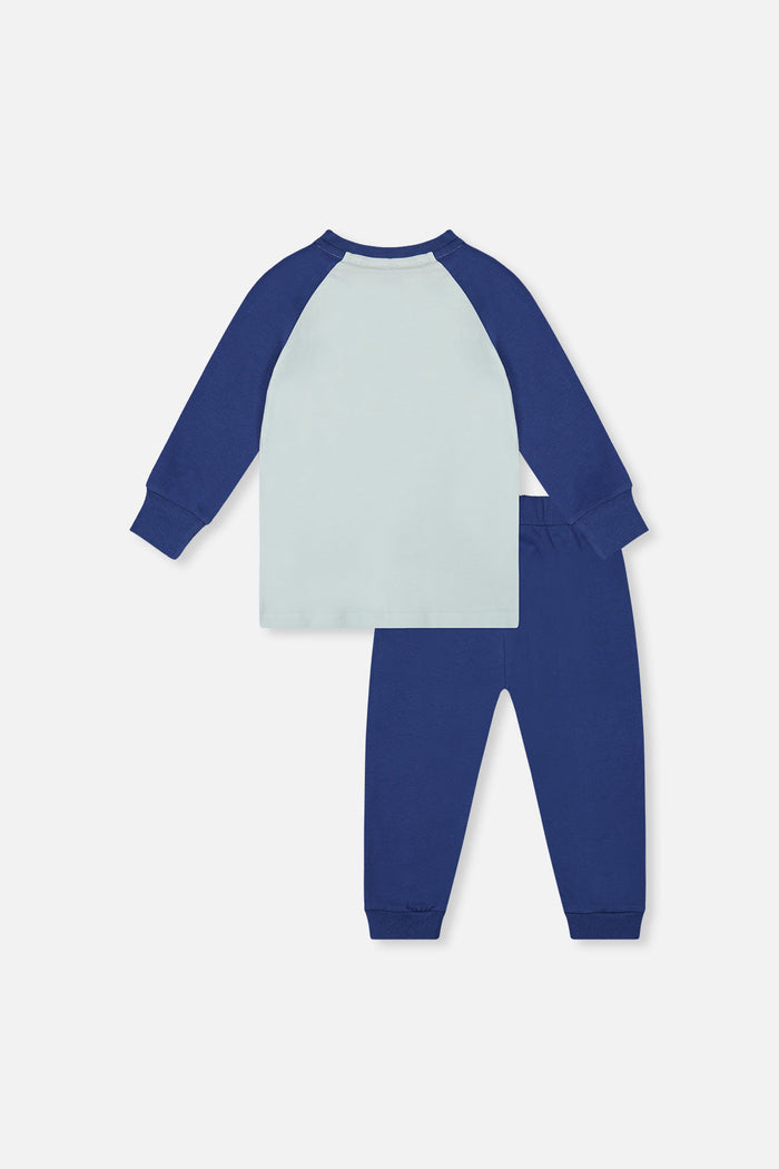 Deux par Deux boys Nordic Buddies tee and pant set, very pale turquoise, back view