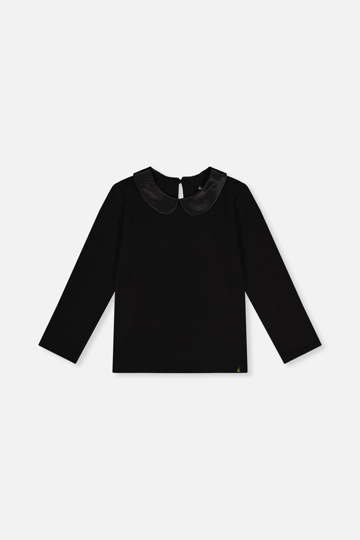 Deux par Deux black organic cotton tee with Peter Pan collar for girls, front view