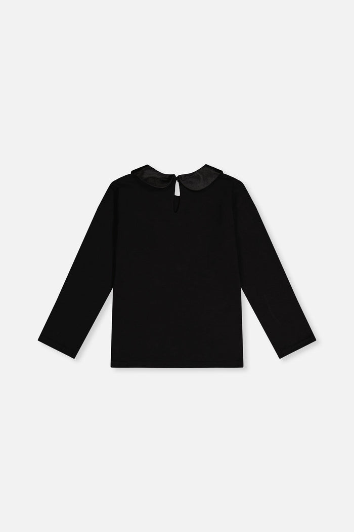 Deux par Deux black organic cotton tee with Peter Pan collar for girls, back view