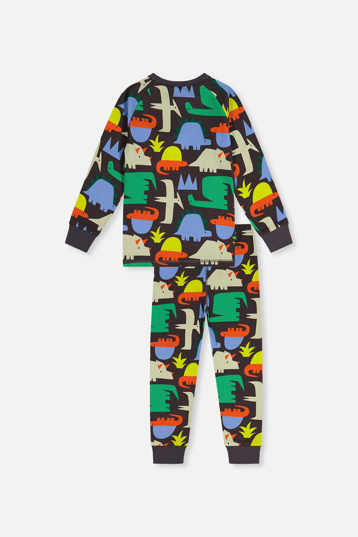 Back view of the Deux par Deux black dinosaur print organic cotton pajama set