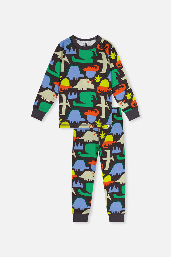 Front view of the Deux par Deux black dinosaur print organic cotton pajama set