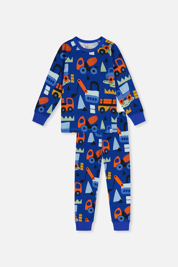 Front view of the Deux par Deux blue truck print organic cotton pajama set
