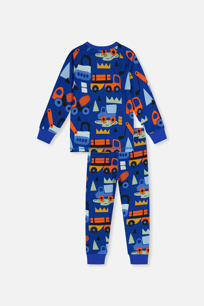 Back view of the Deux par Deux blue truck print organic cotton pajama set
