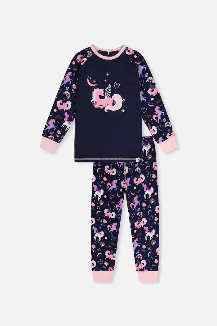 Purple unicorn print two-piece pajama set by Deux par Deux, front view