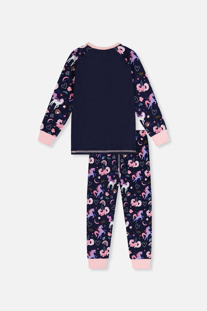 Purple unicorn print two-piece pajama set by Deux par Deux, back view