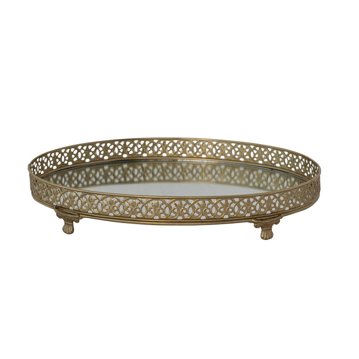 Oval Gold Metal Filigree Footed Tray w/ Mirror