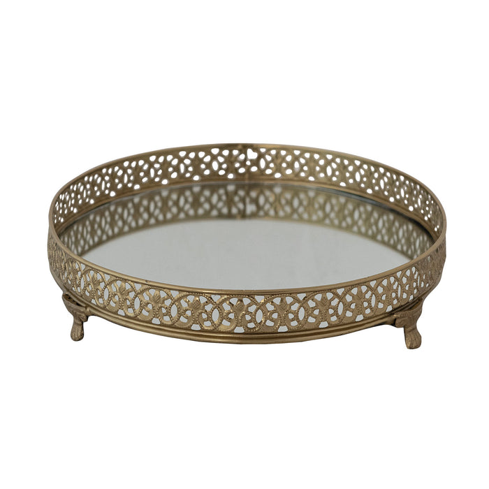 Oval Gold Metal Filigree Footed Tray w/ Mirror
