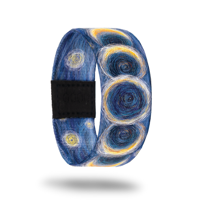Outside Design of Over the Moon: dark blue design with white, yellow, gold and blue sketches of moons