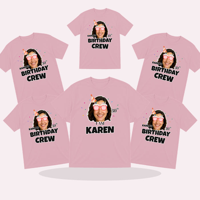 matching personalised birthday crew t-shirts with photo faces and party hats