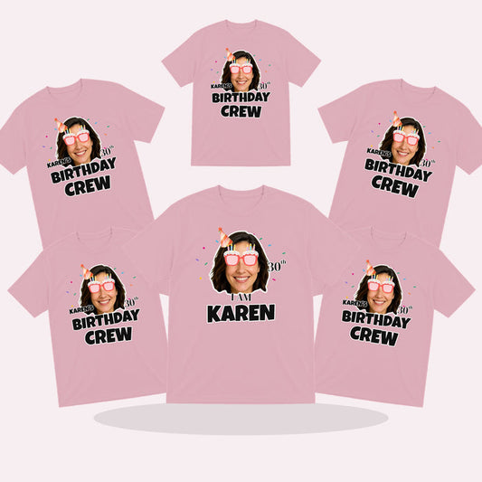 matching personalised birthday crew t-shirts with photo faces and party hats