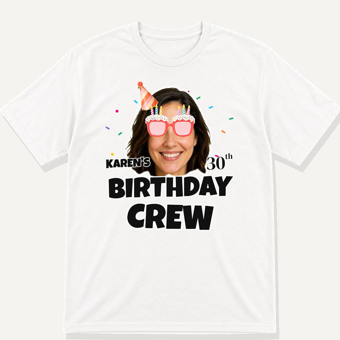 white t-shirt with personalised birthday crew photo design and party hat graphic