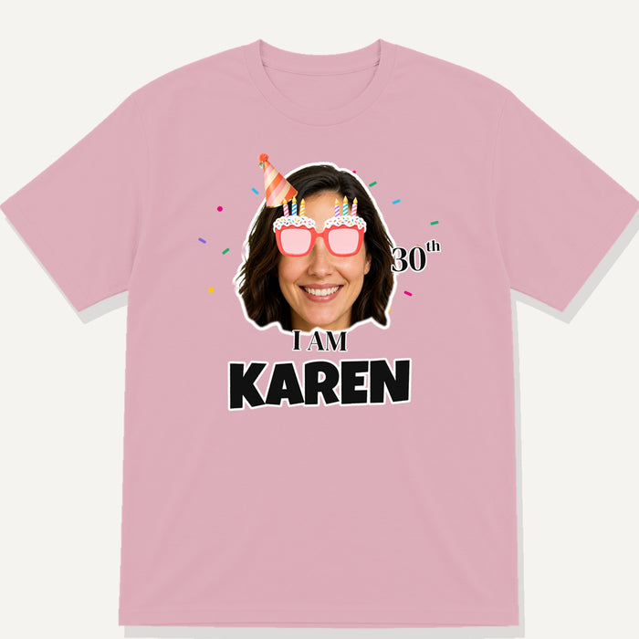 dusty pink t-shirt with personalised birthday person photo name and age design