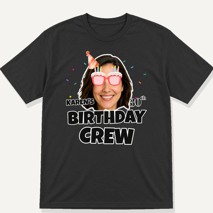 black t-shirt with personalised birthday crew photo design and cool shades